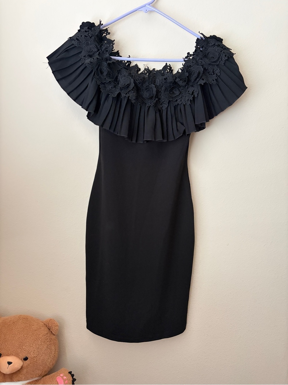 Fashion Nova Elegant Black Off-Shoulder Floral Trim Dress